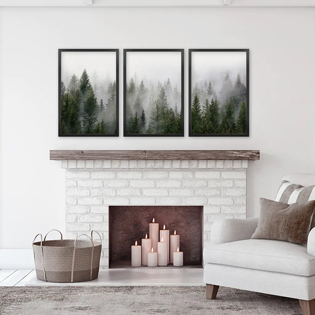 Green Pine Forest Wall Art, Foggy Nature 3 Piece Set