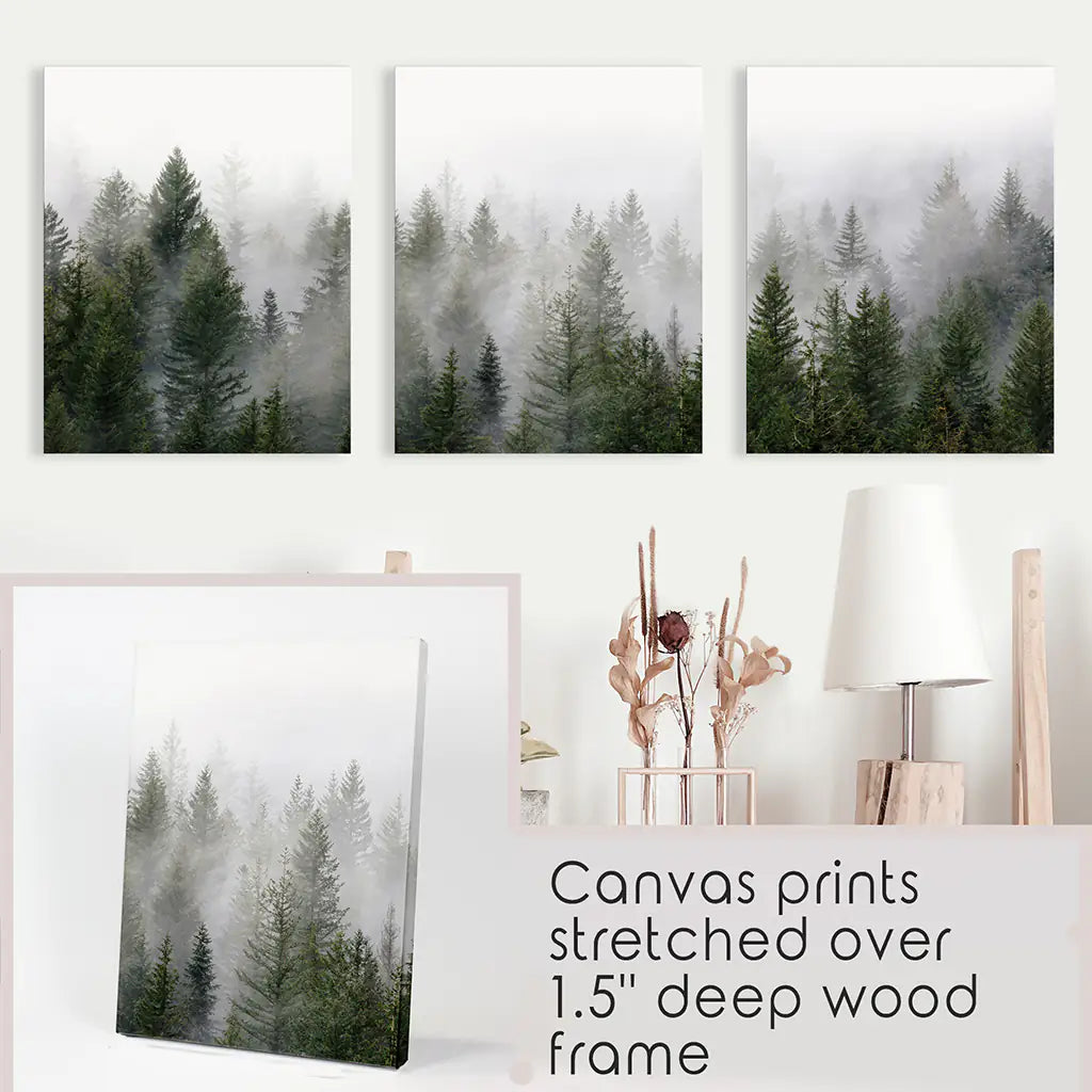 Green Pine Forest Wall Art, Foggy Nature 3 Piece Set
