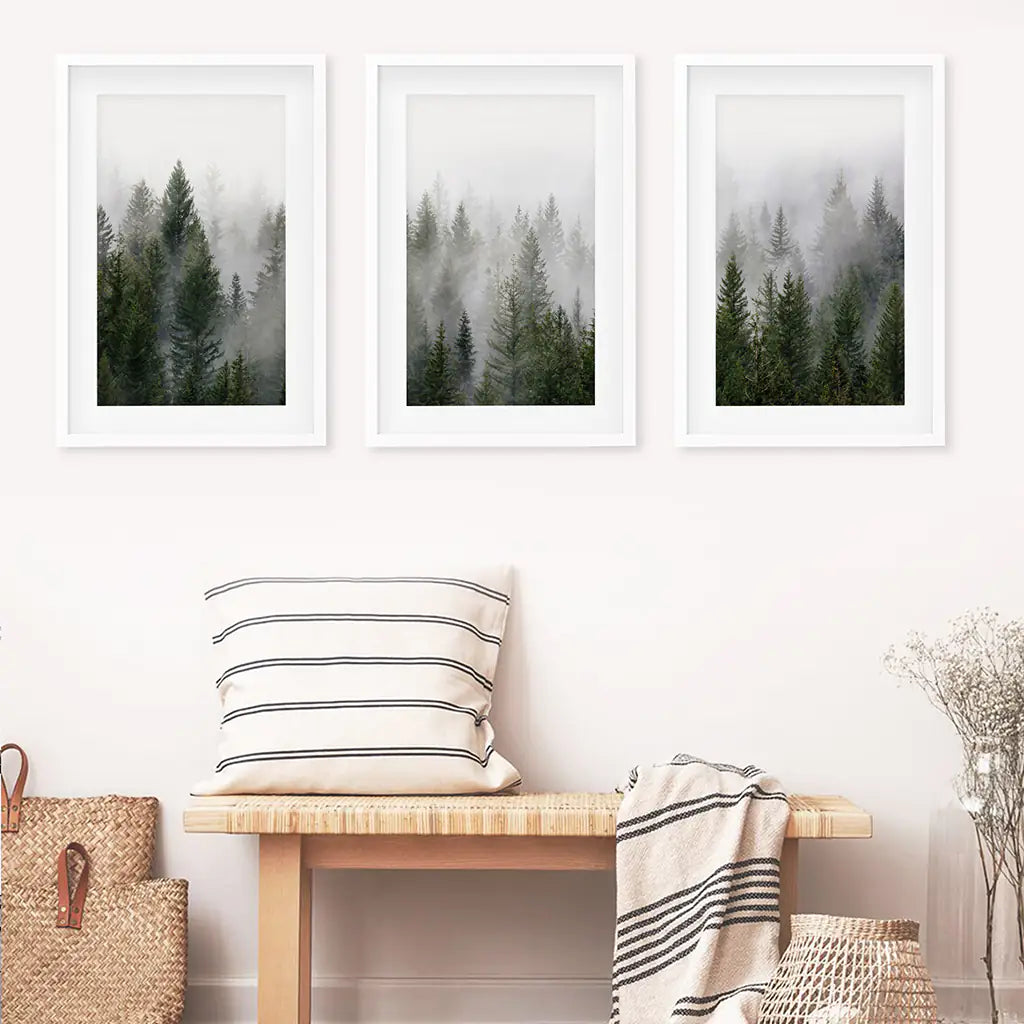 Green Pine Forest Wall Art, Foggy Nature 3 Piece Set