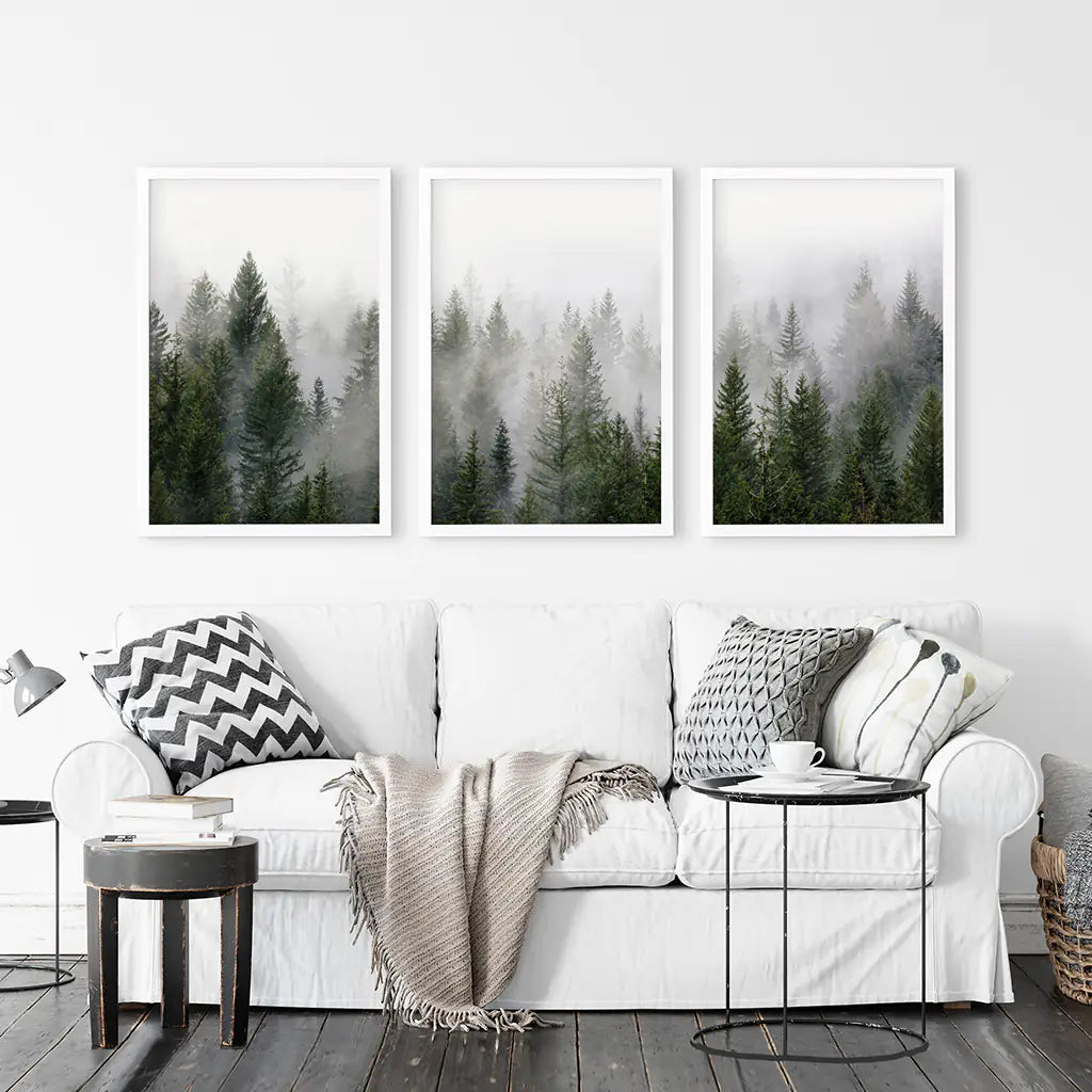 Green Pine Forest Wall Art, Foggy Nature 3 Piece Set