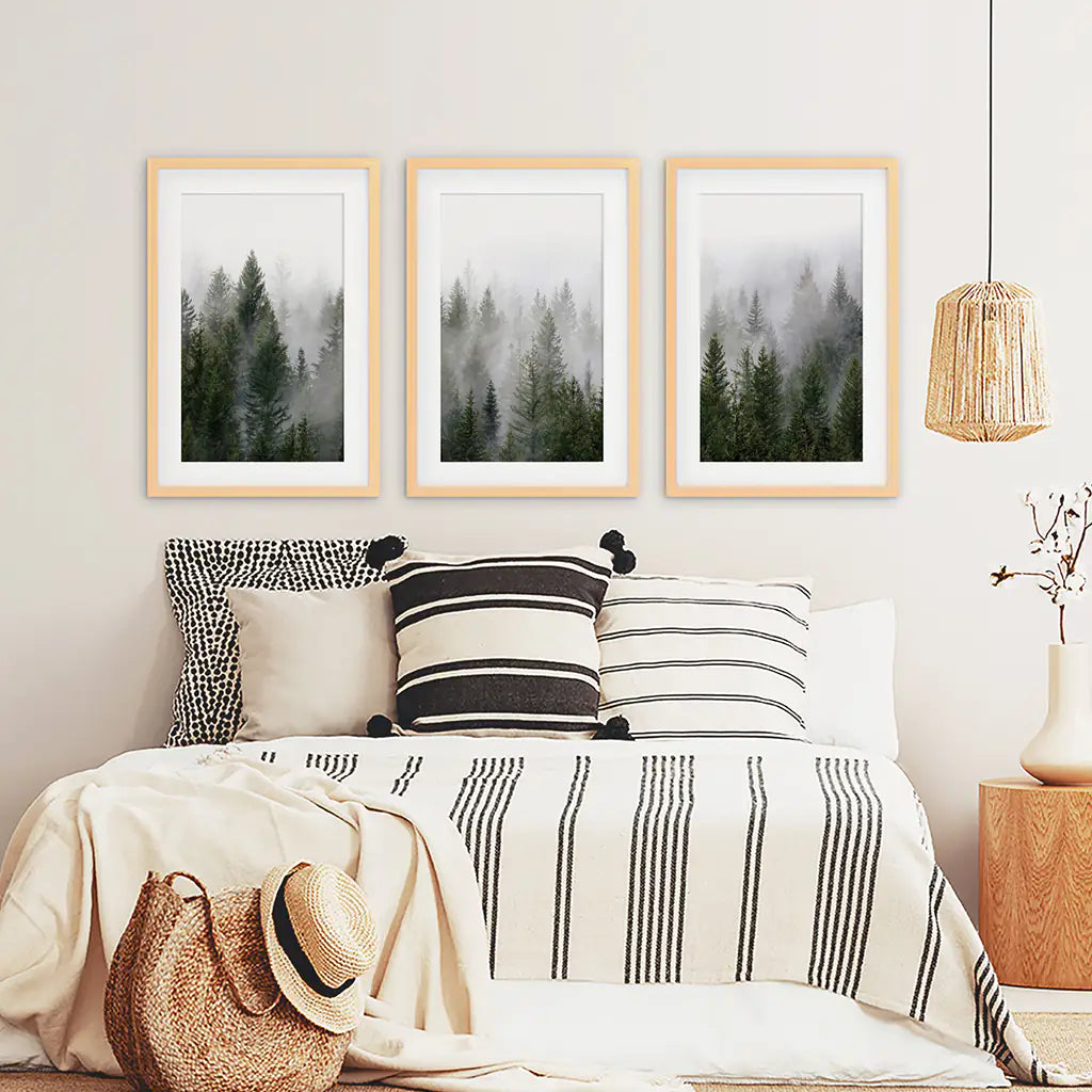 Green Pine Forest Wall Art, Foggy Nature 3 Piece Set