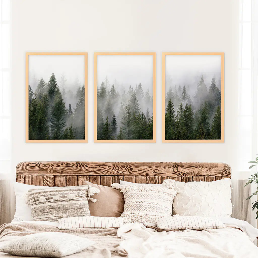 Green Pine Forest Wall Art, Foggy Nature 3 Piece Set