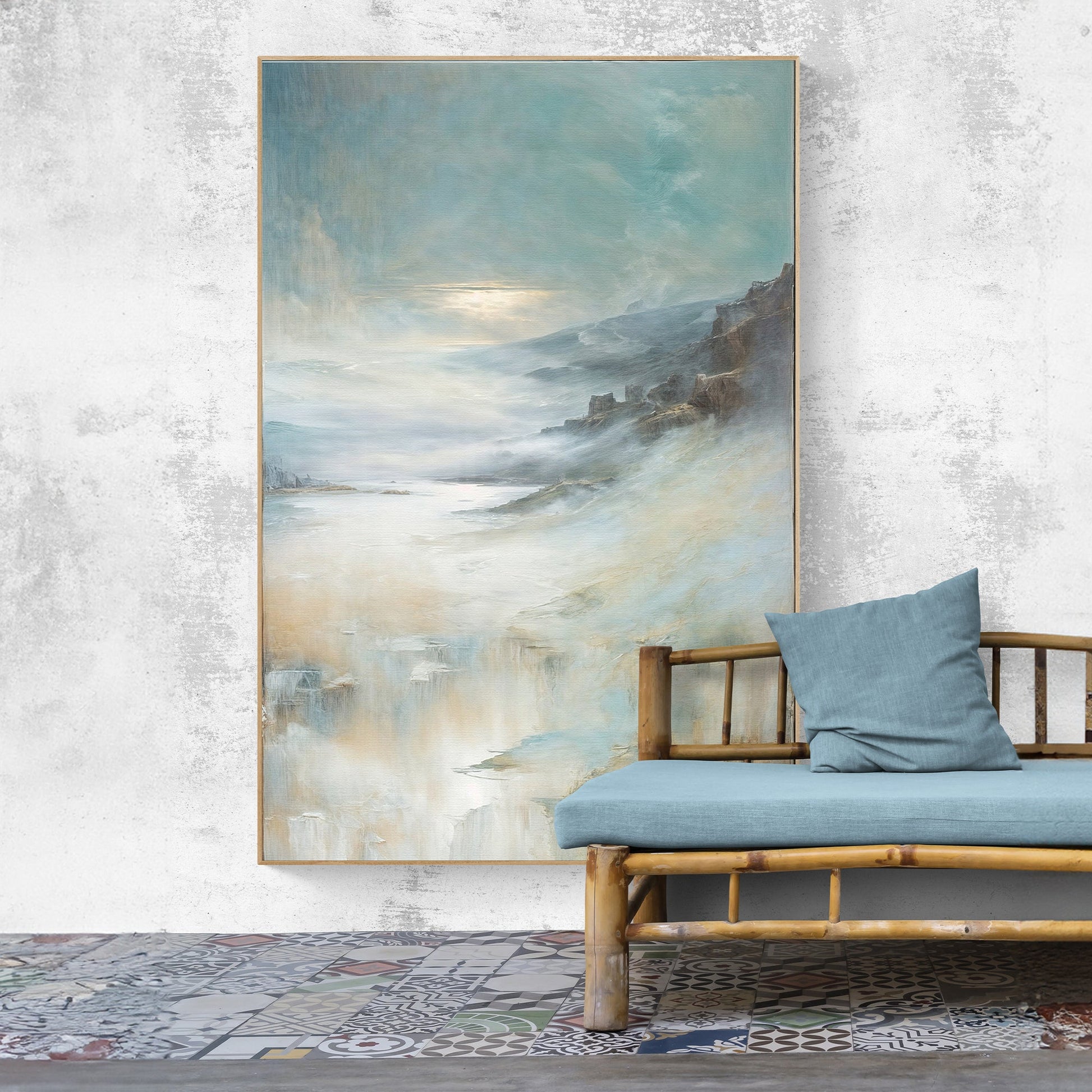Misty Realm mountain overlooking mist-covered lake landscape canvas wall art