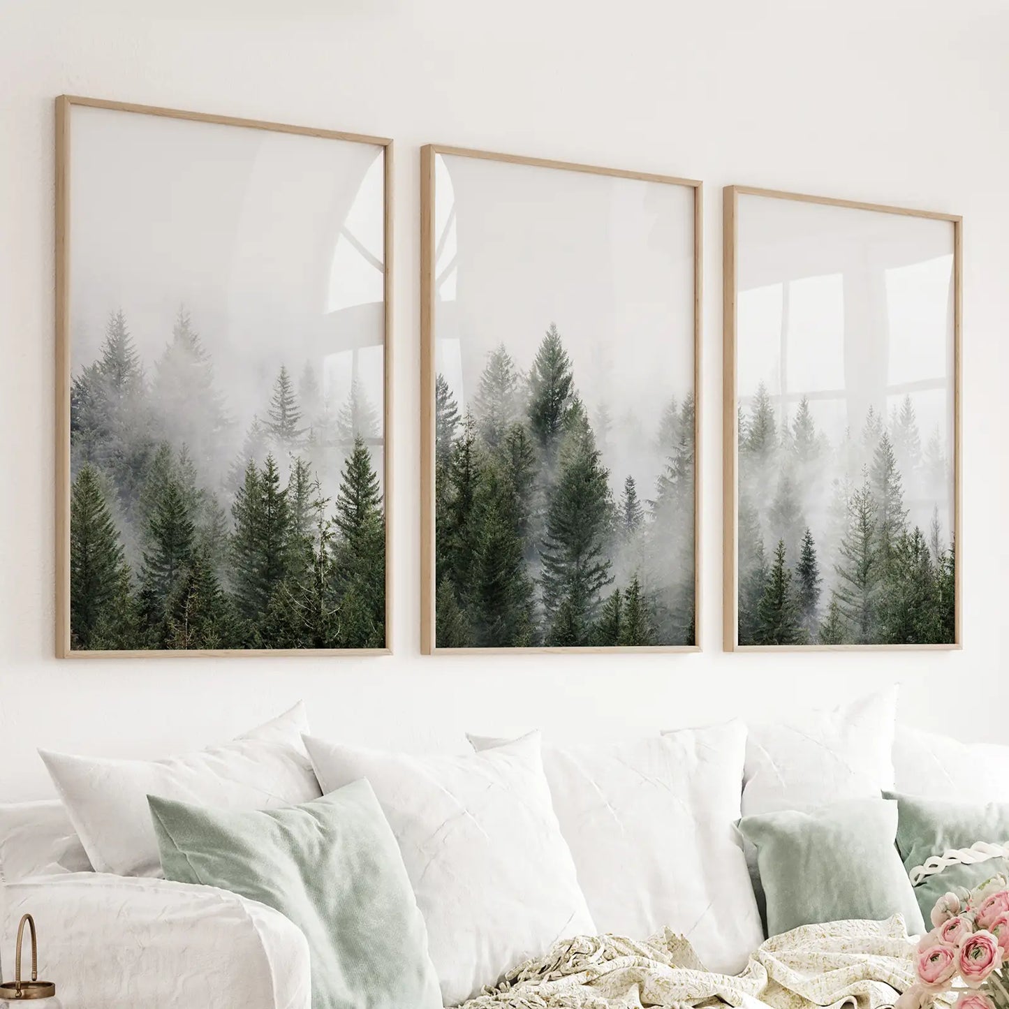 Three panel foggy pine forest Nordic triptych