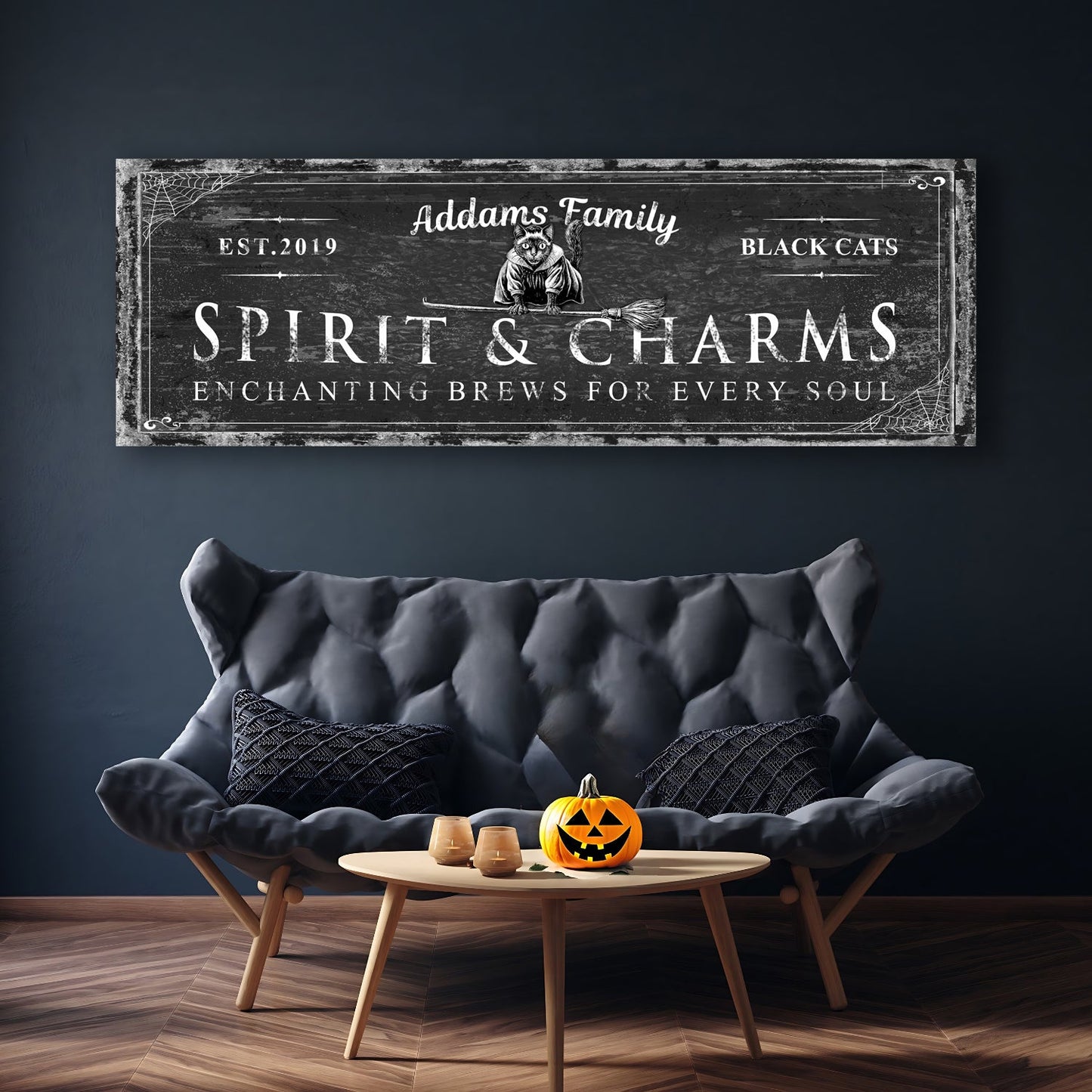 Black cat spirits and charms bar Halloween canvas wall art with witchy bar sign design
