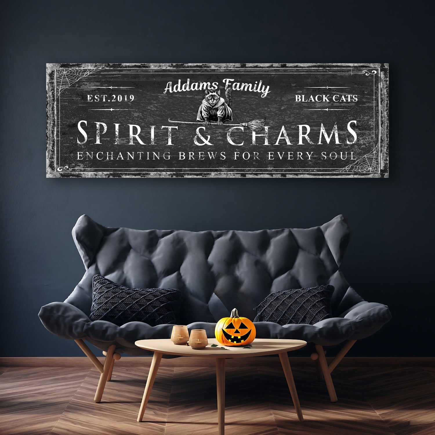 Black cat spirits and charms bar Halloween canvas wall art with witchy bar sign design