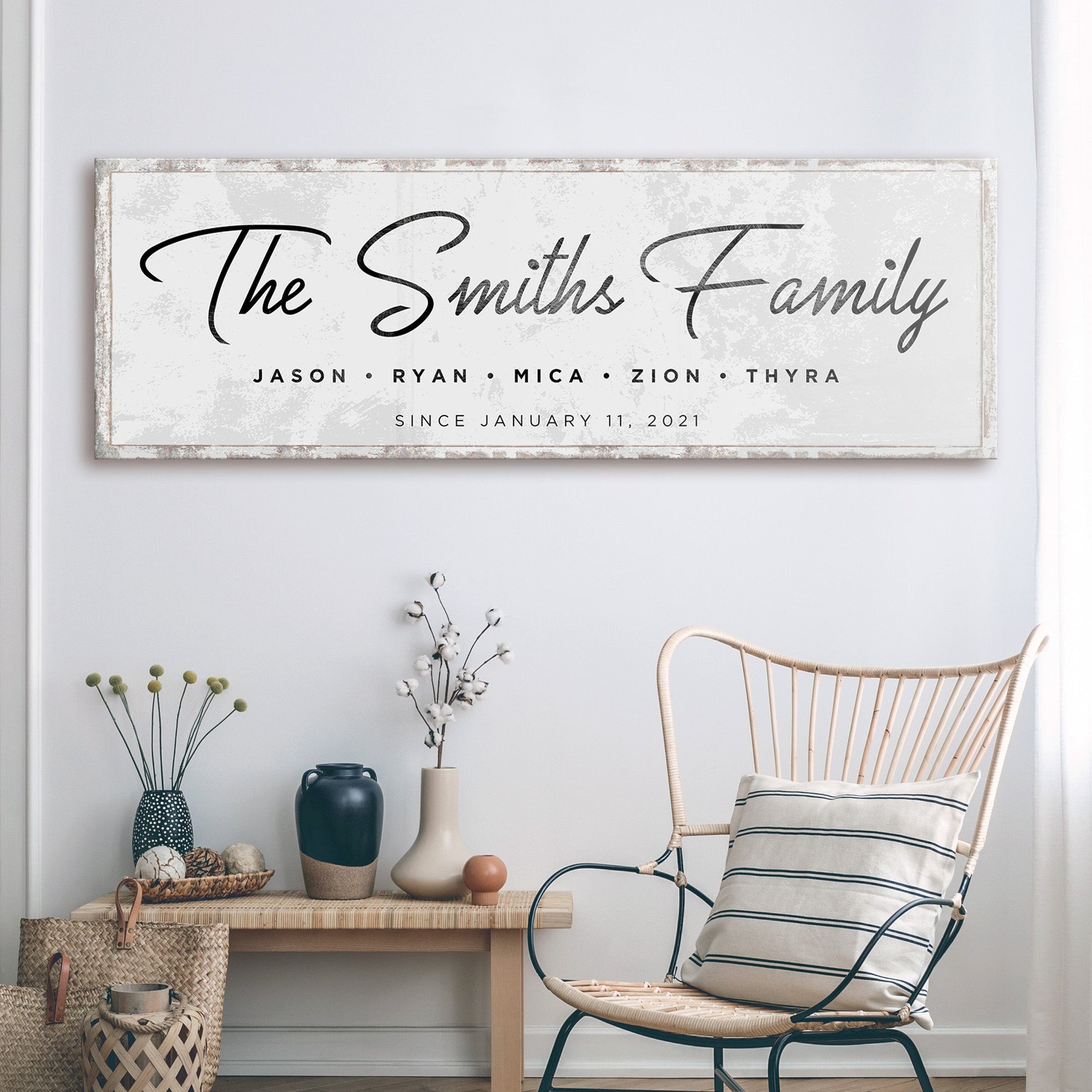 Personalized last name family canvas sign in black and white with established year
