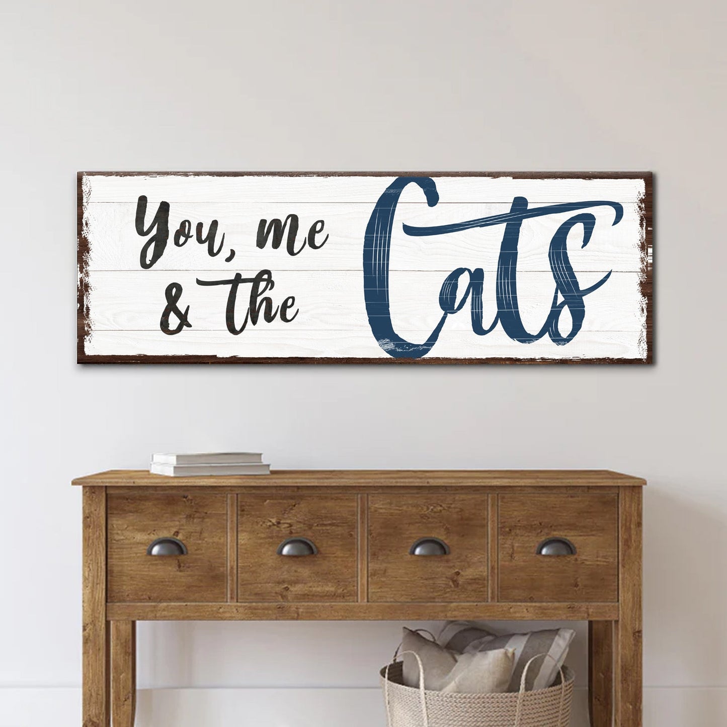 You Me and the Cats canvas wall art in vertical format for cat lovers home decor