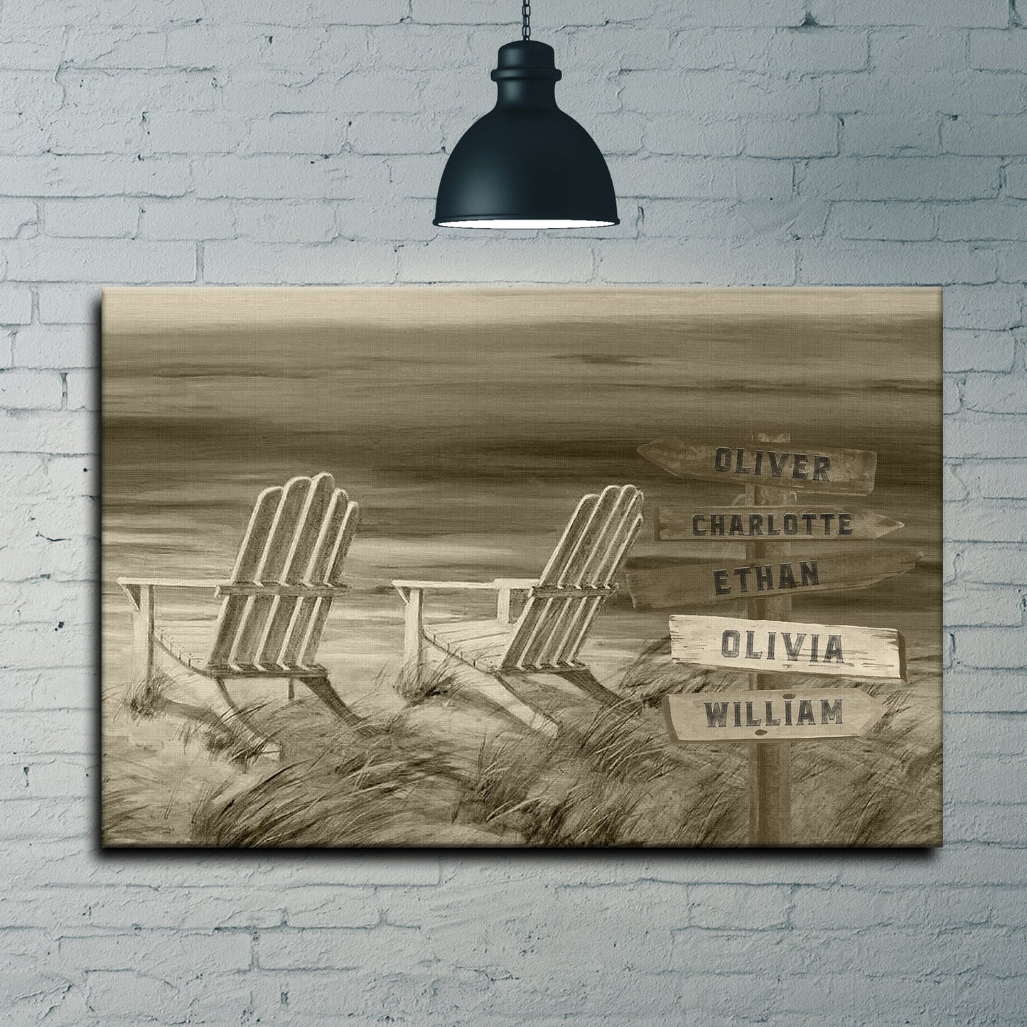 Monochrome beach name canvas sign with soft seaside scene and custom name