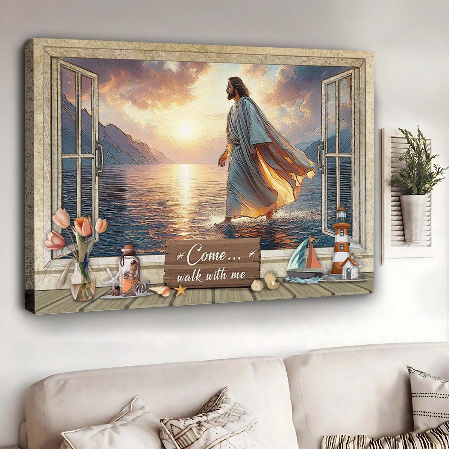 Come Walk With Me faith canvas sign II, Christian scripture wall art for home decor