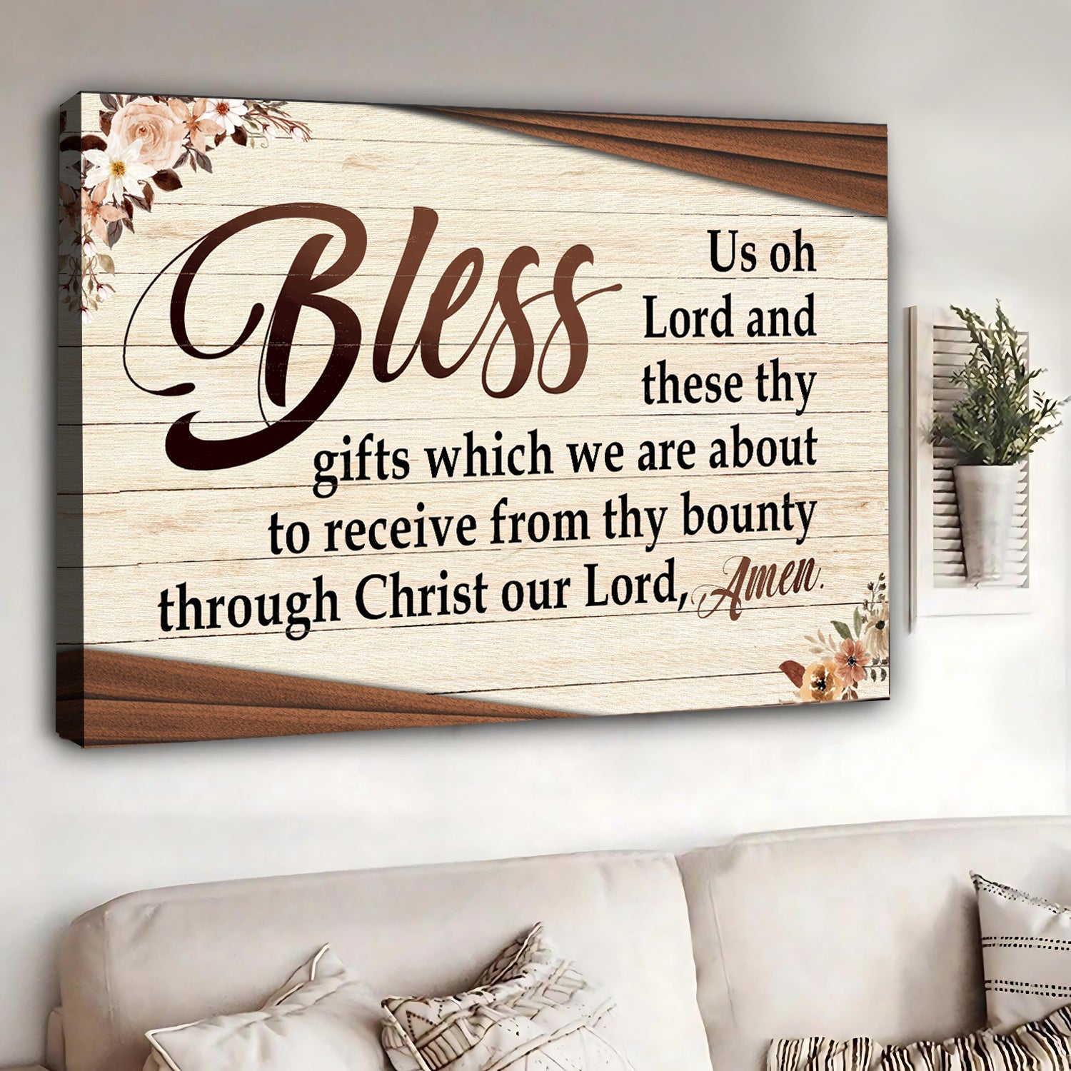 Bless us oh Lord faith prayer canvas wall art with elegant dinner blessing design