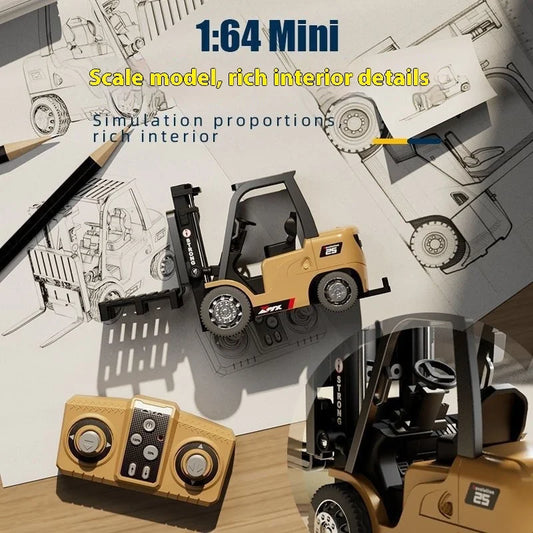 Model forklift with remote control on a white background with technical drawings.
