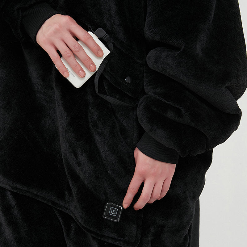 Model powering heated hoodie blanket with USB power bank