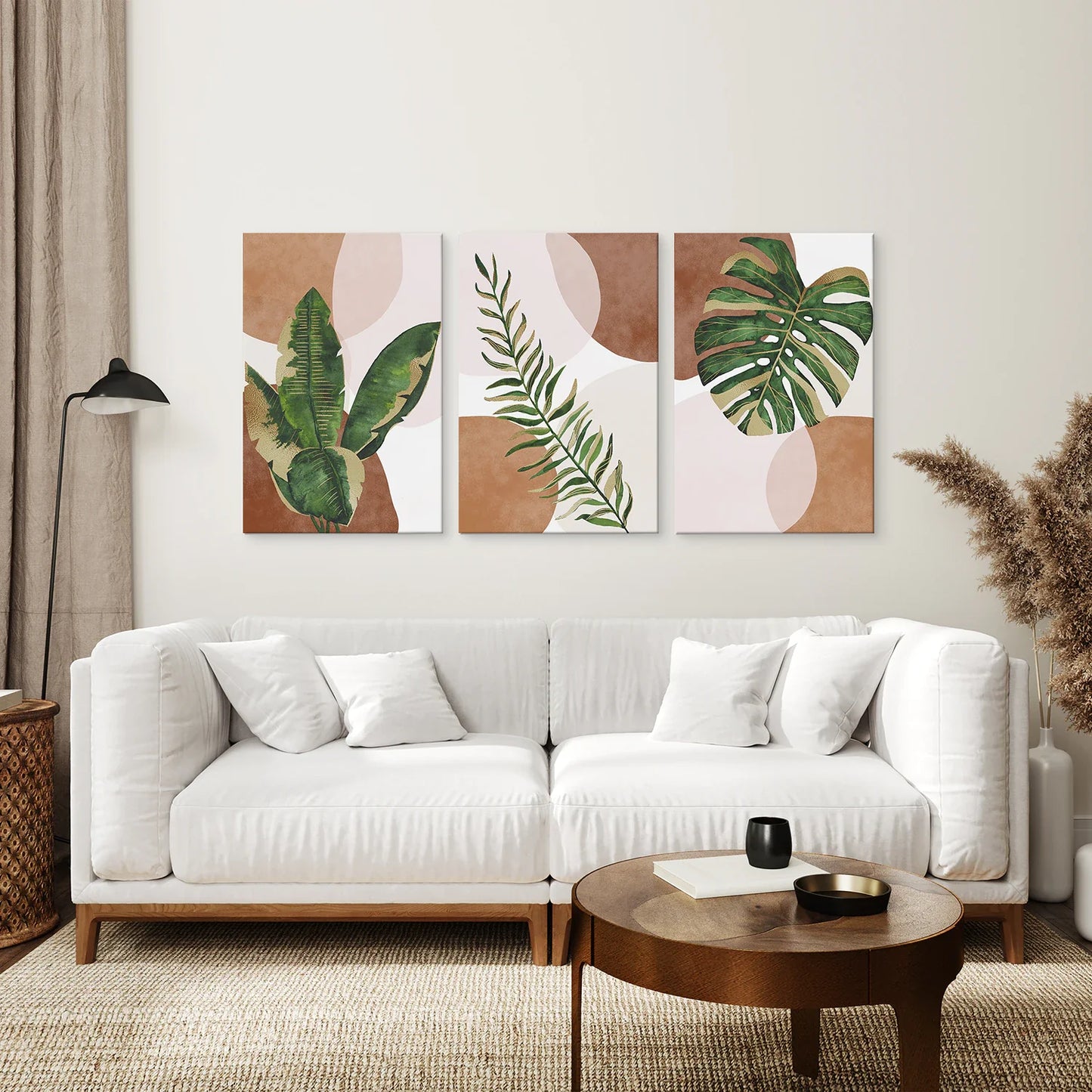 Terracotta Boho Wall Art Set of 3, Green Tropical Leaves