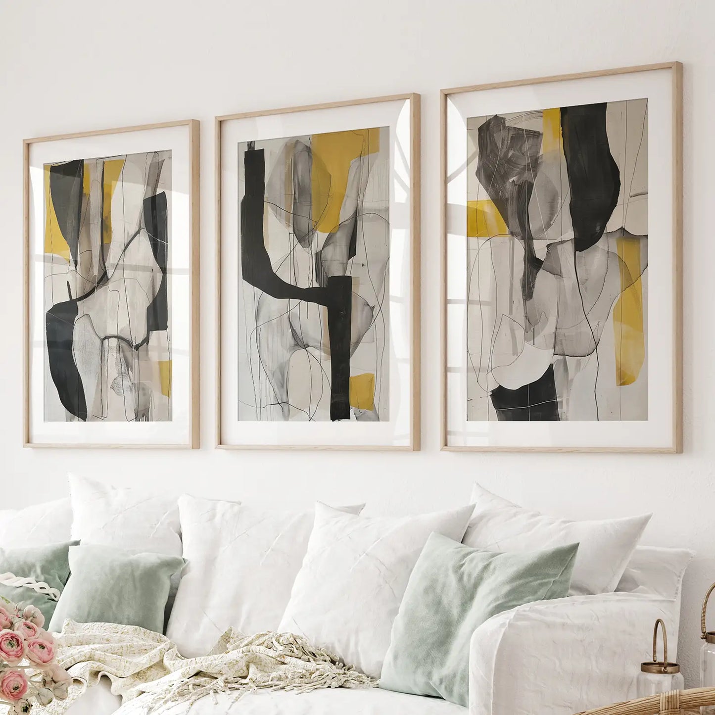 Golden Abstract Shapes Wall Art Set of 3 Modern Prints