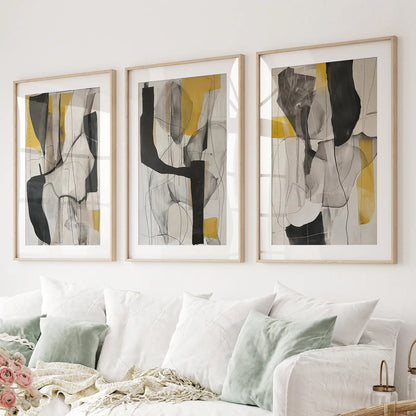Golden Abstract Shapes Wall Art Set of 3 Modern Prints
