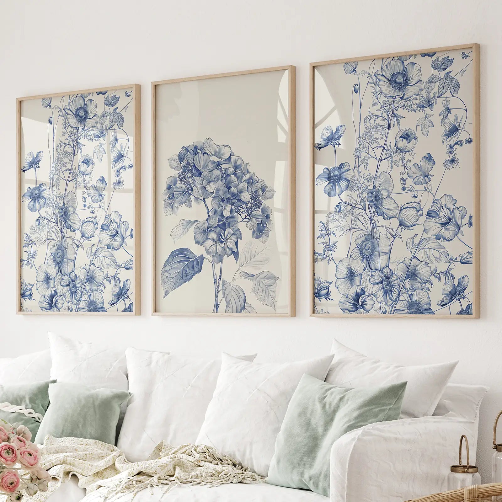 Chinoiserie blue flowers watercolor wall art set of 3