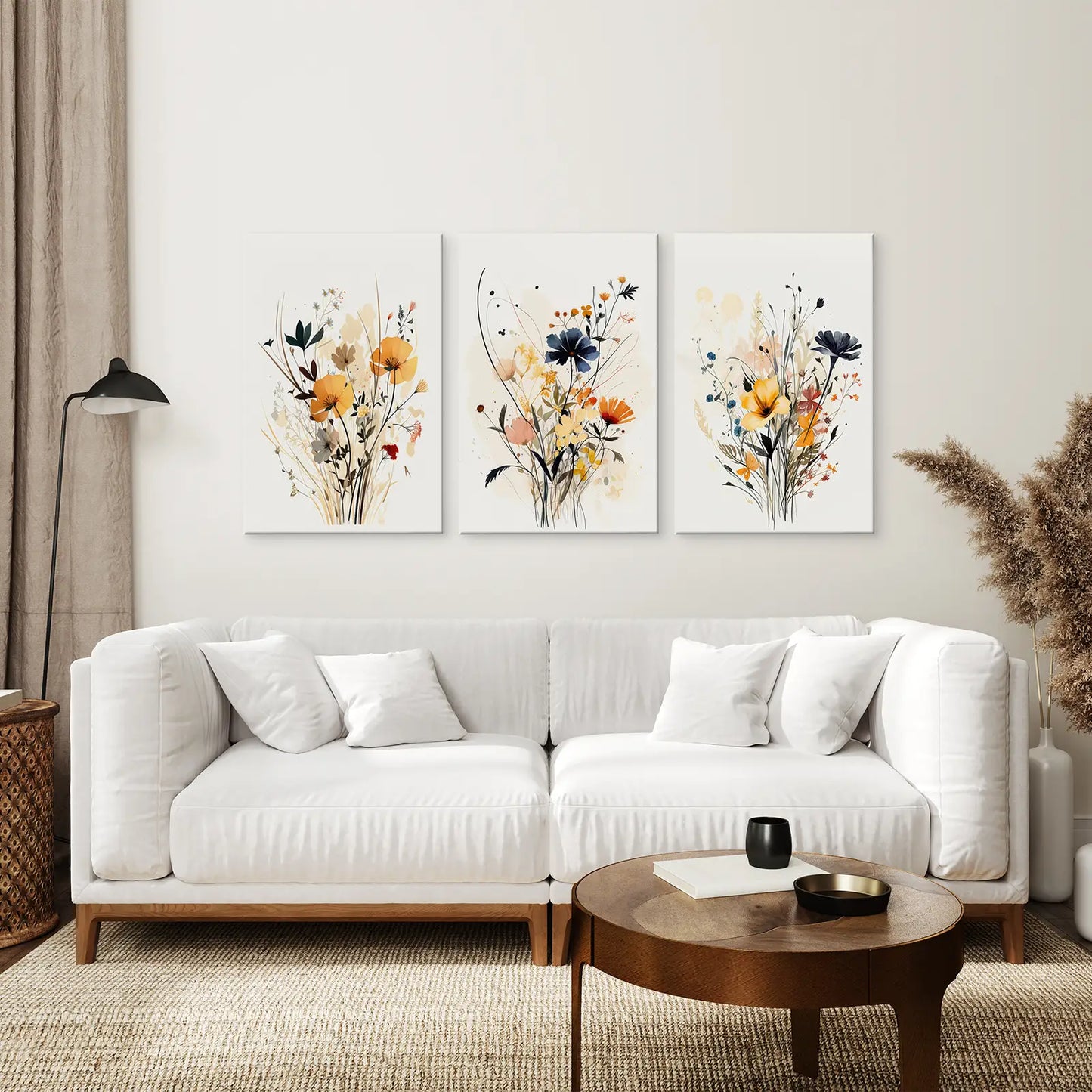 Neutral Wildflower Wall Art Set of 3 Watercolor Prints