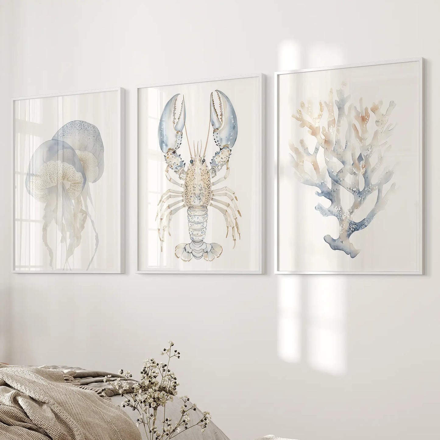 Ocean Animal Wall Art Set of 3, Jellyfish Lobster Coral