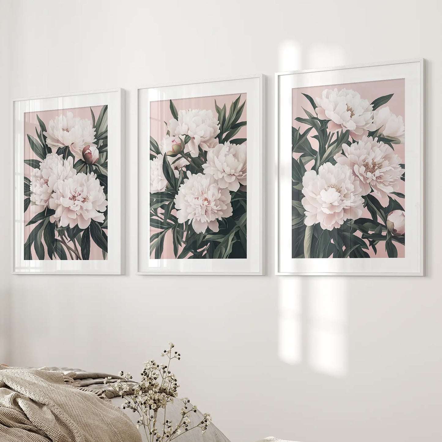 Peonies Flowers Wall Art Set of 3 Pink Green Prints