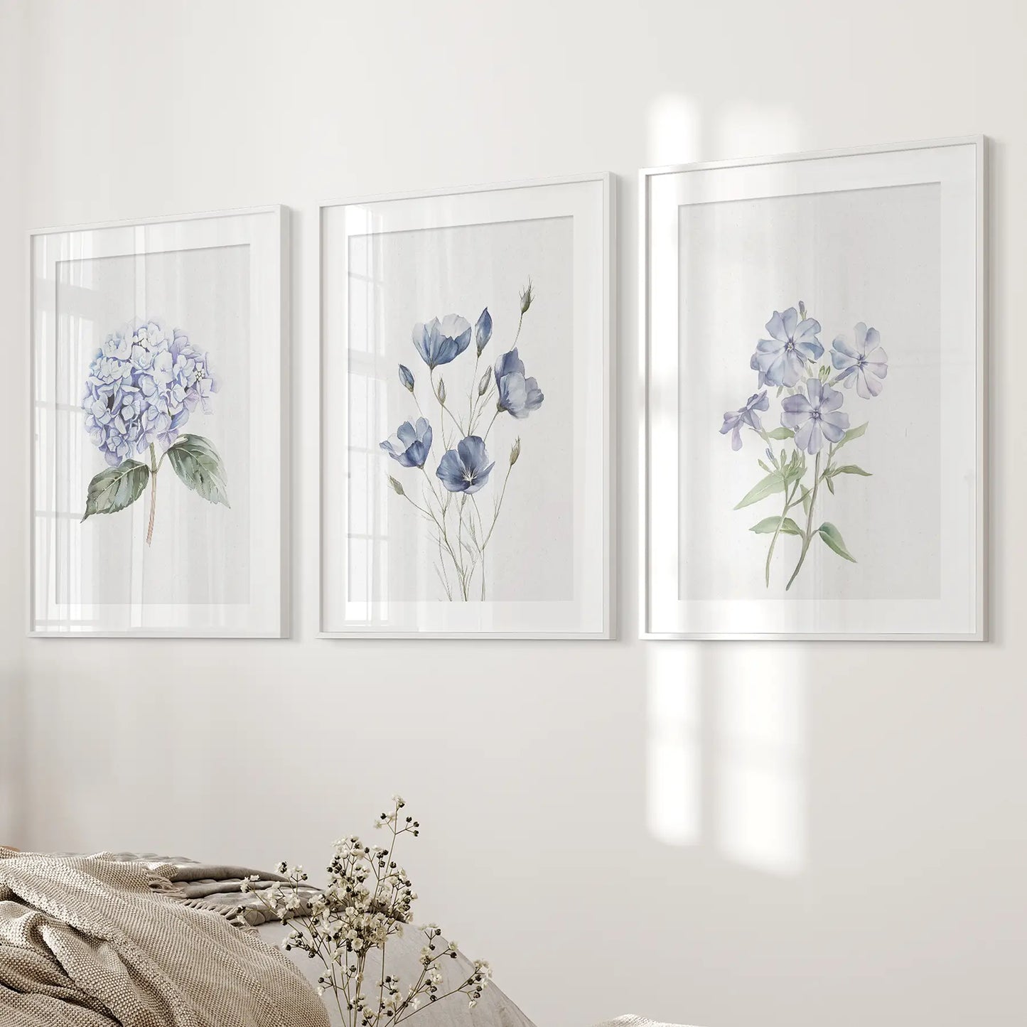 Watercolor Blue Flowers Wall Art Set of 3 Piece