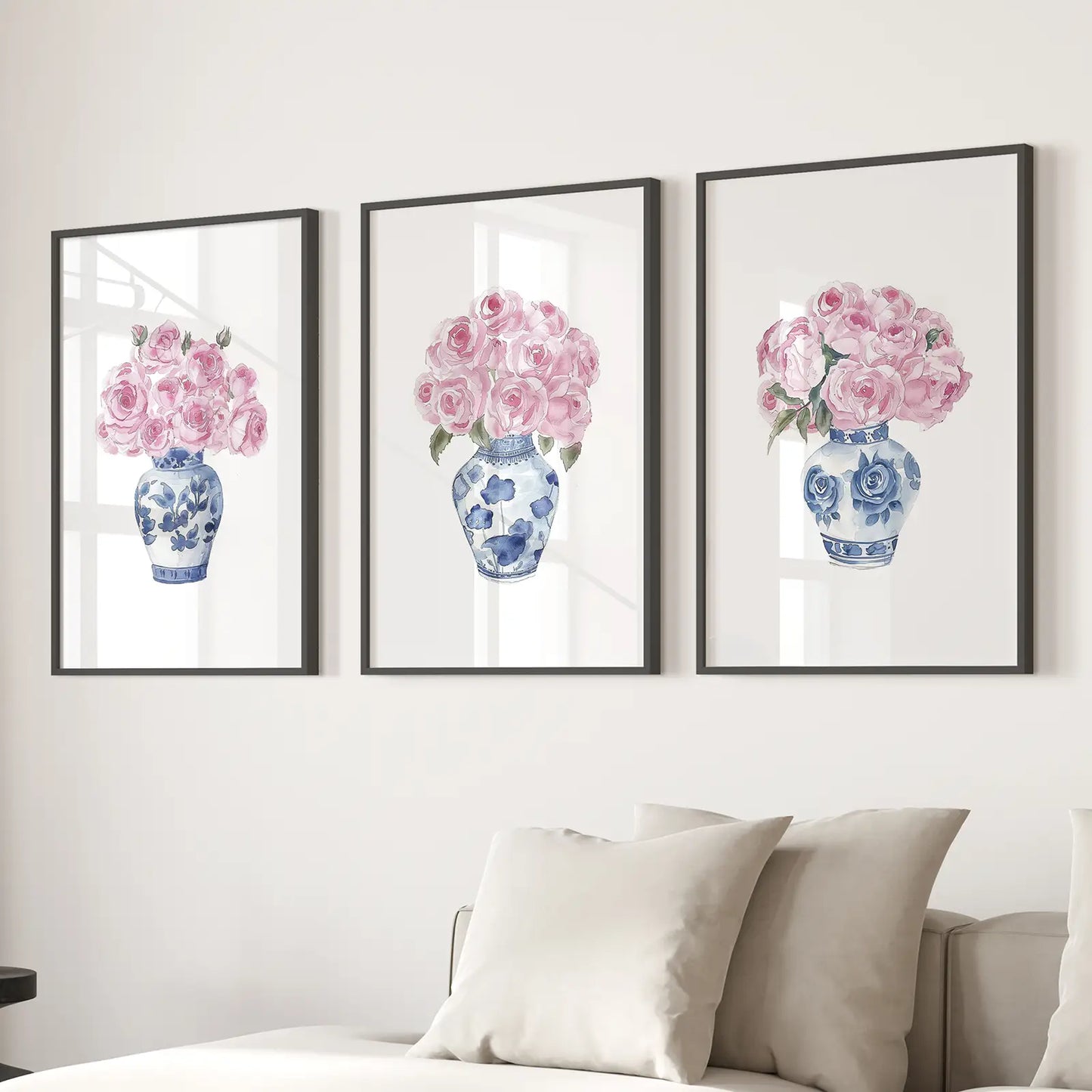 Blue Chinoiserie Roses Wall Art Set of 3 Floral Prints
