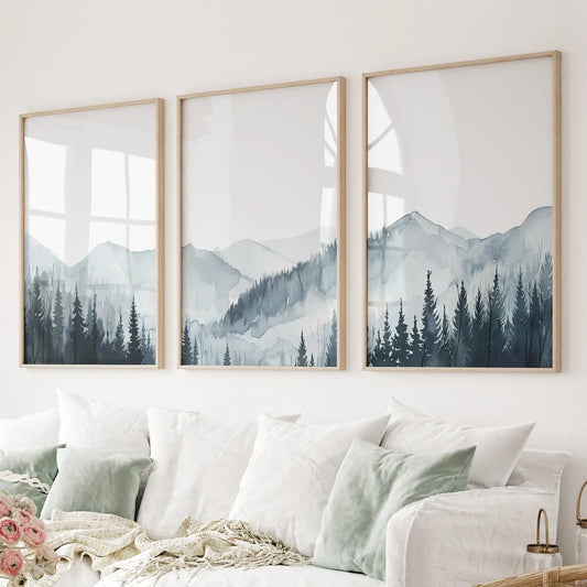 Watercolor mountain forest wall art set of 3