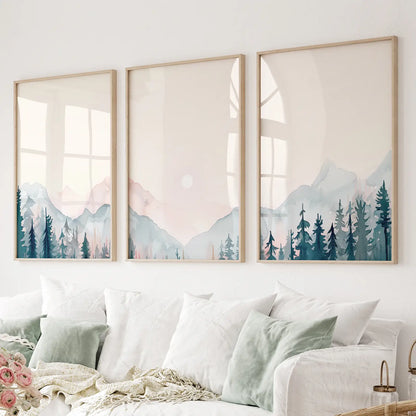 Forest and mountain landscape wall art set of 3