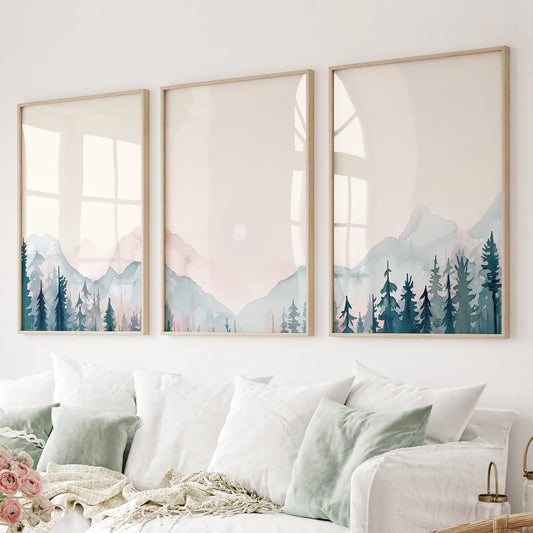 Forest and mountain landscape wall art set of 3