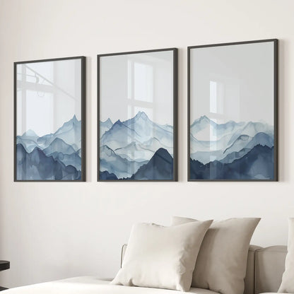 Blue Watercolor Mountain Wall Art Set of 3 Prints