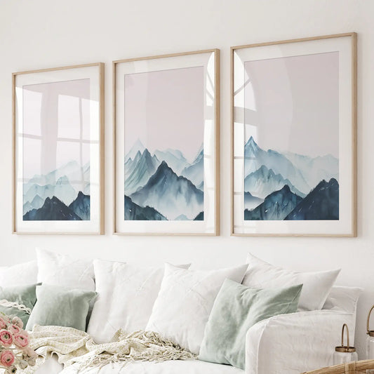 Modern Blue Mountain Landscape Wall Art Set of 3
