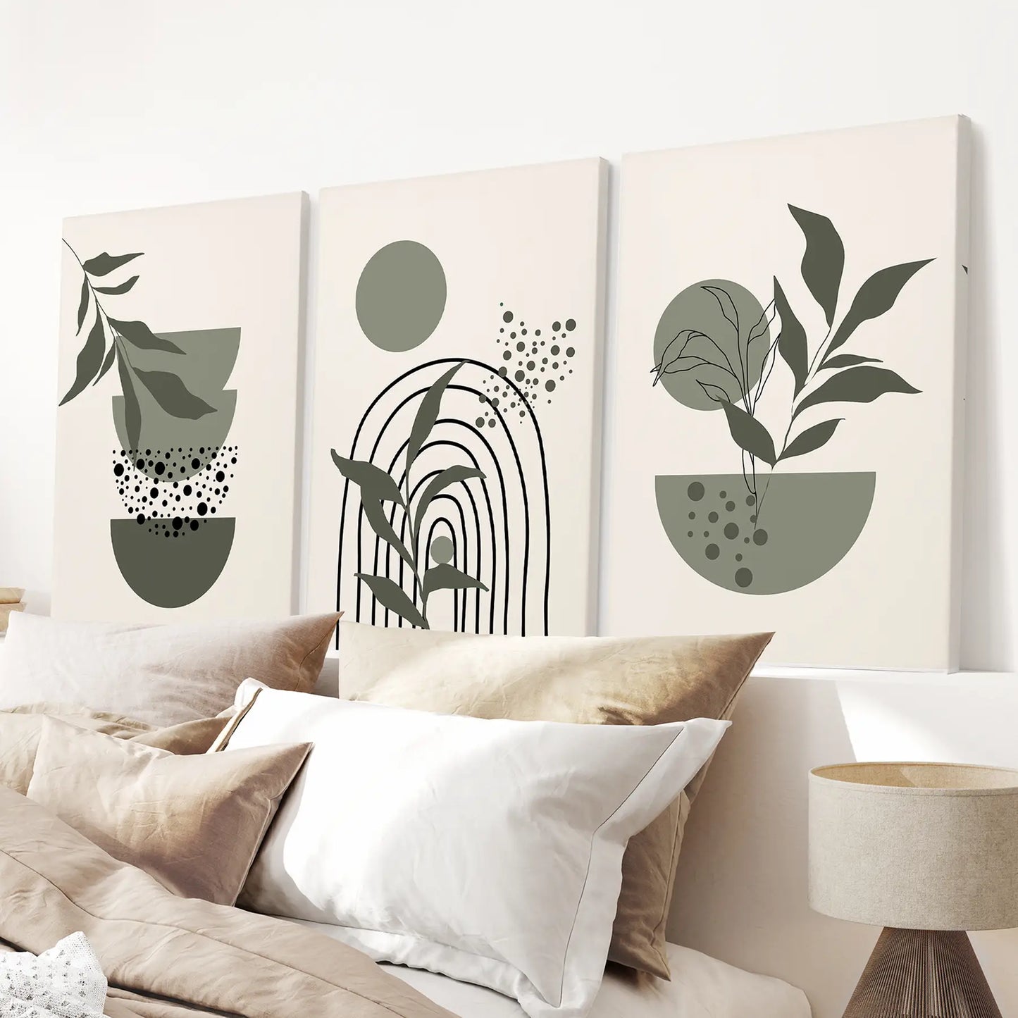 Boho Green Mid-Century Abstract Wall Art Set of 3
