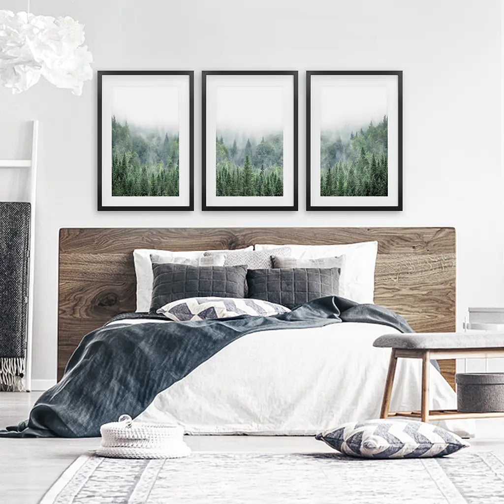 Green Foggy Forest Wall Art Set of 3 Nature Prints