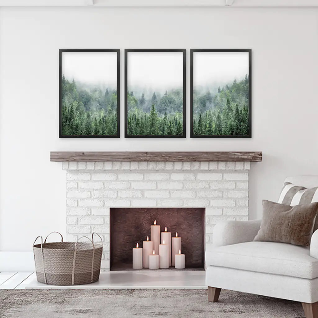 Green Foggy Forest Wall Art Set of 3 Nature Prints