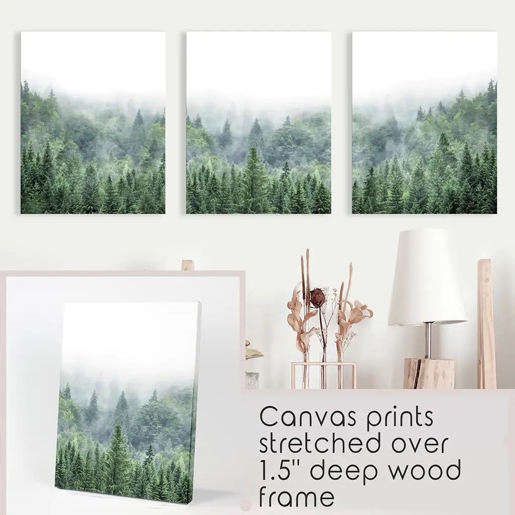 Green Foggy Forest Wall Art Set of 3 Nature Prints