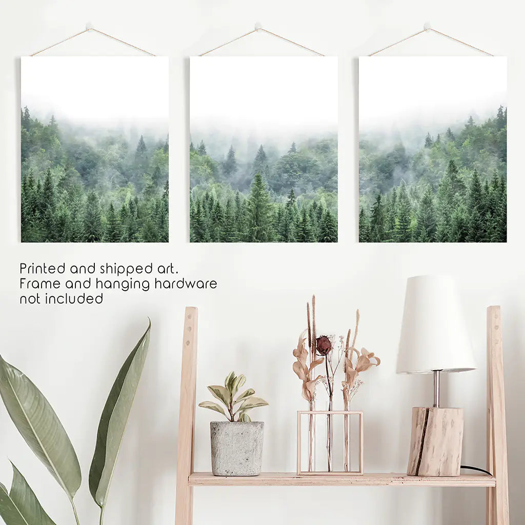 Green Foggy Forest Wall Art Set of 3 Nature Prints