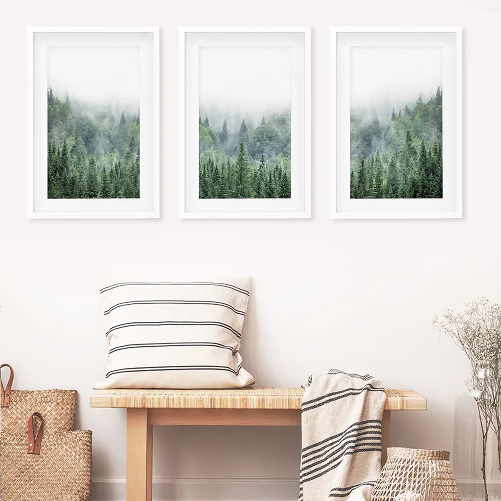 Green Foggy Forest Wall Art Set of 3 Nature Prints