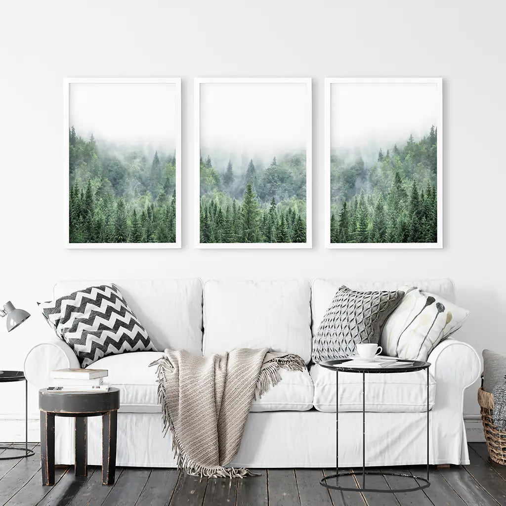 Green Foggy Forest Wall Art Set of 3 Nature Prints