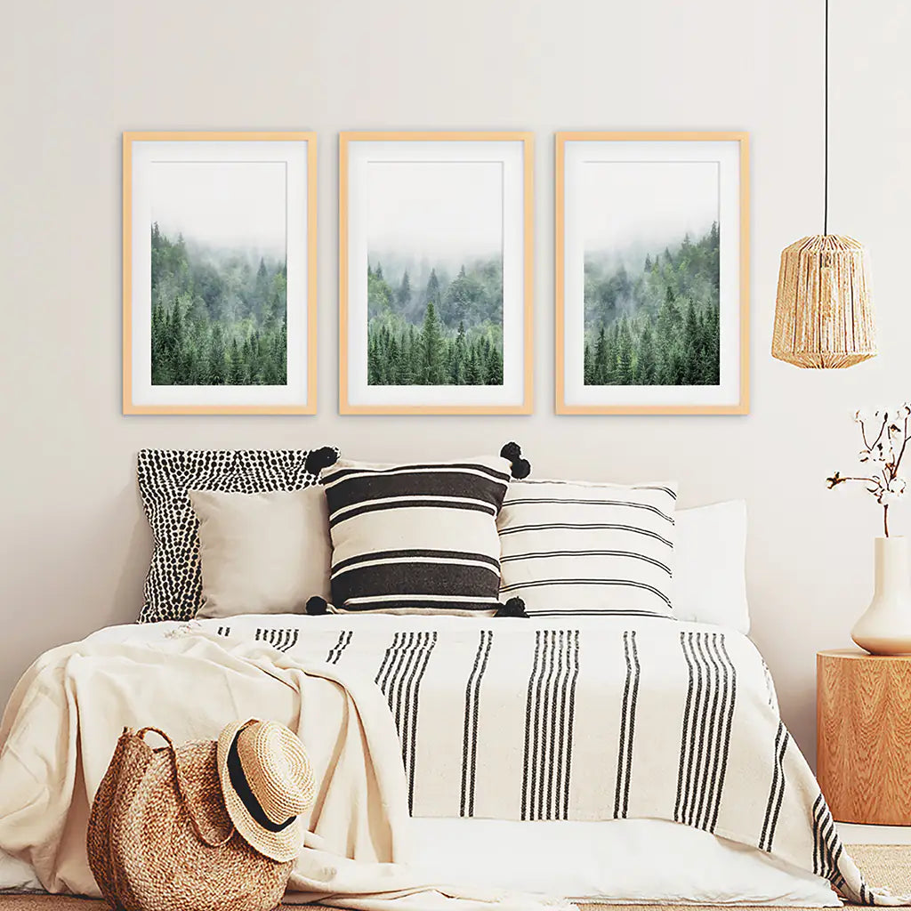 Green Foggy Forest Wall Art Set of 3 Nature Prints
