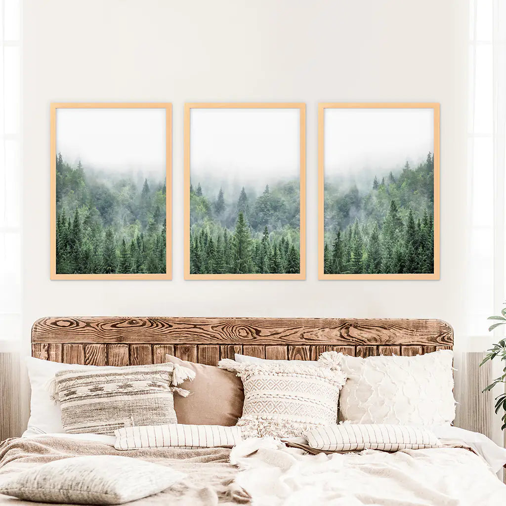 Green Foggy Forest Wall Art Set of 3 Nature Prints