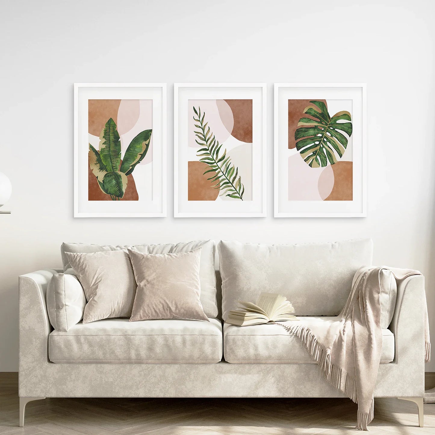 Terracotta Boho Wall Art Set of 3, Green Tropical Leaves