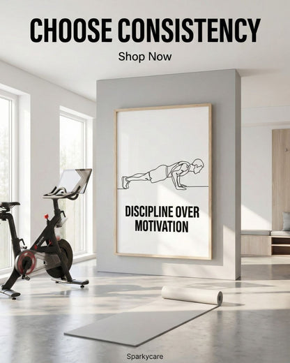 Modern gym interior with a motivational poster and exercise equipment.