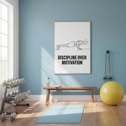 Modern gym interior with motivational poster, weights, and exercise ball.