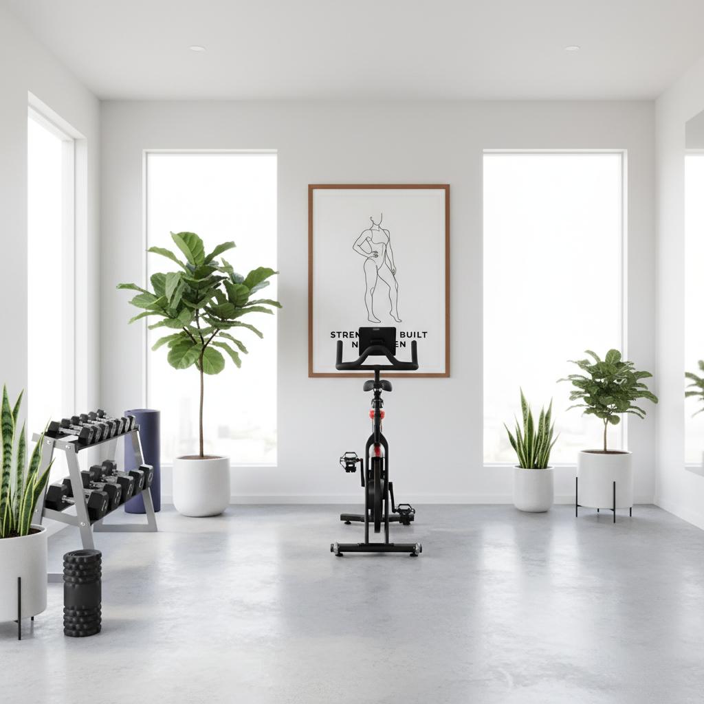 Modern home gym with framed motivational poster for women, stationary bike, weights, and plants in a bright room.