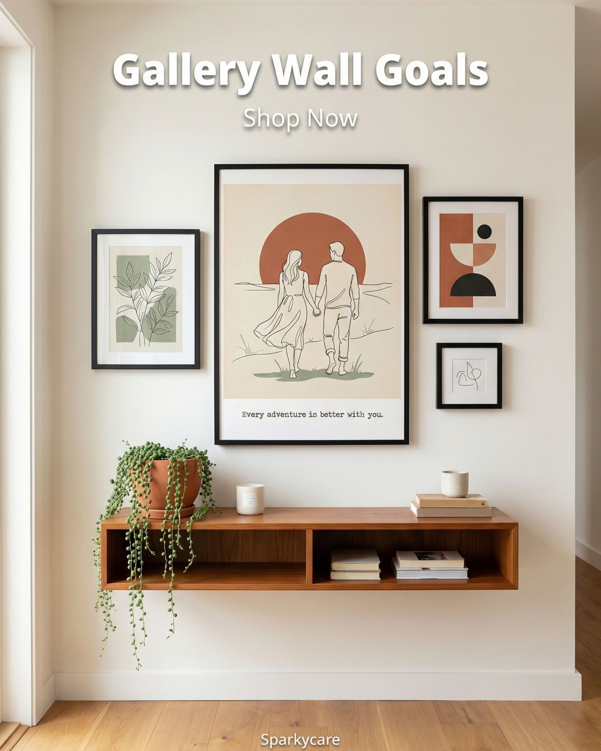 Modern interior with framed artwork and a shelf, featuring 'Gallery Wall Goals' text.