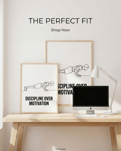 Modern office setup with motivational posters on a wall.