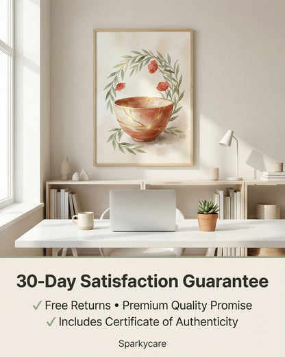 Modern office space with a framed artwork on the wall, featuring a 30-Day Satisfaction Guarantee text overlay.