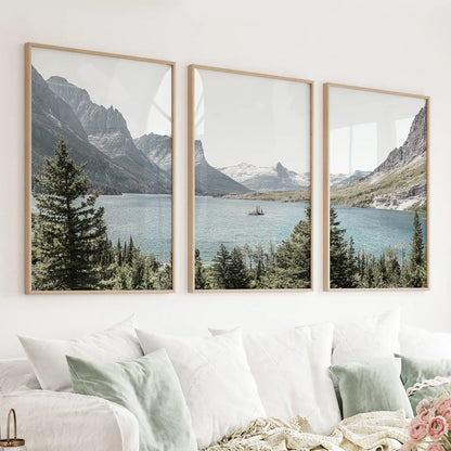 Glacier National Park Montana 3 piece wall art set with mountain lake