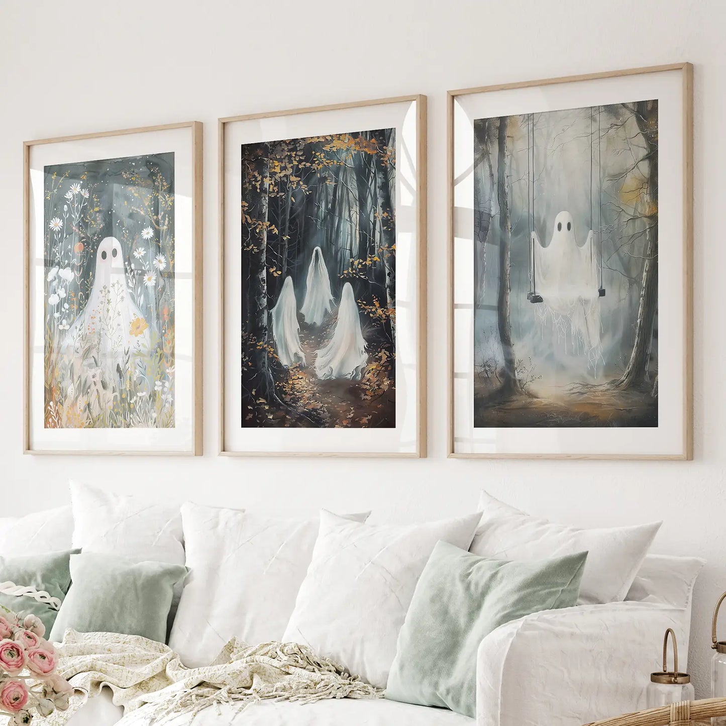 Halloween Ghost Wall Art Set of 3 Gothic Prints