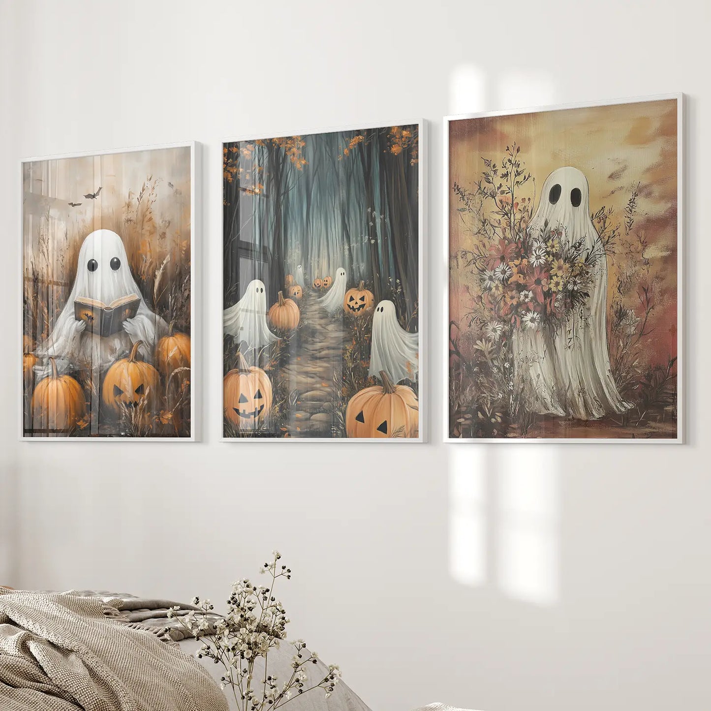 Spooky Ghosts Halloween Wall Art Set of 3 Prints